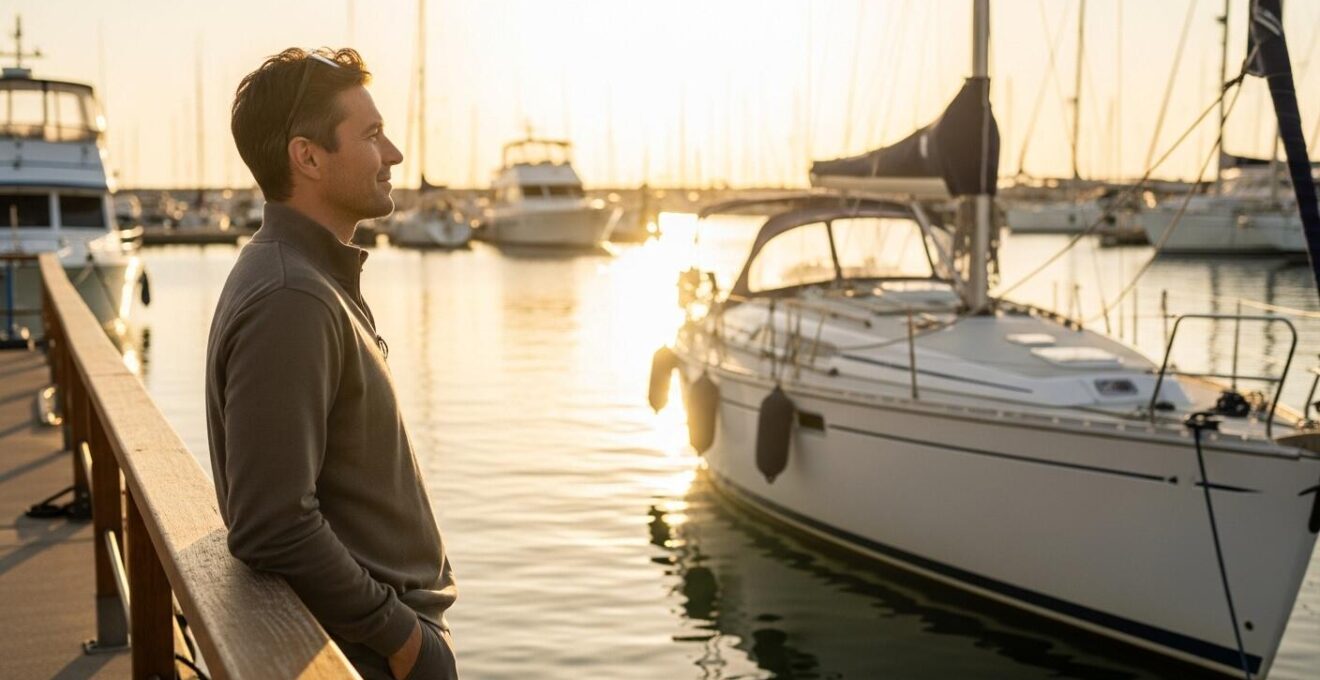Une personne souriante regardant un bateau de plaisance amarré dans un port, symbolisant la gestion facile et la rentabilité