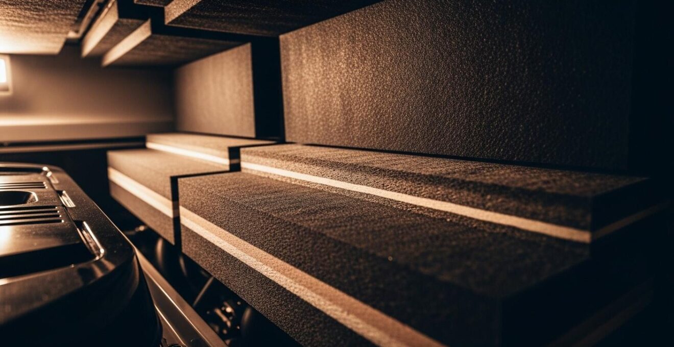 Détail technique d’un panneau isolant acoustique installé dans la cabine moteur d’un yacht
