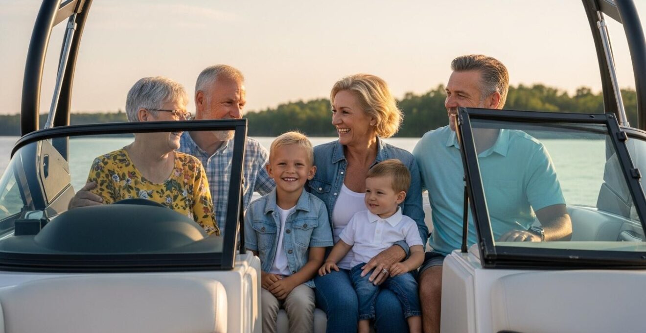 Bateau bowrider en navigation sur un lac ensoleillé avec famille souriante à bord