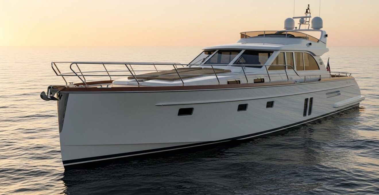 Vue époustouflante d'un yacht de luxe élégant et discret sur une mer calme au coucher du soleil, symbole de raffinement et sérénité en mer