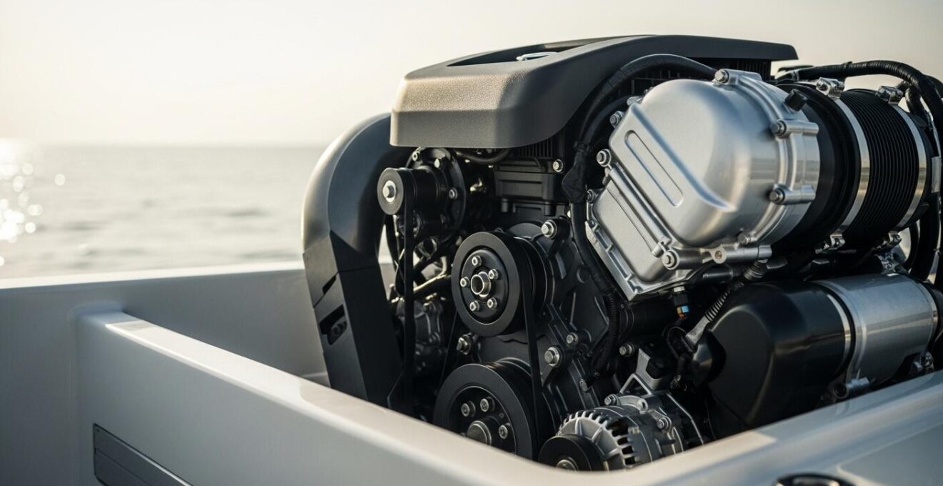 Vue détaillée d'un moteur de bateau moderne installé à bord avec un arrière-plan de mer calme et lumière naturelle
