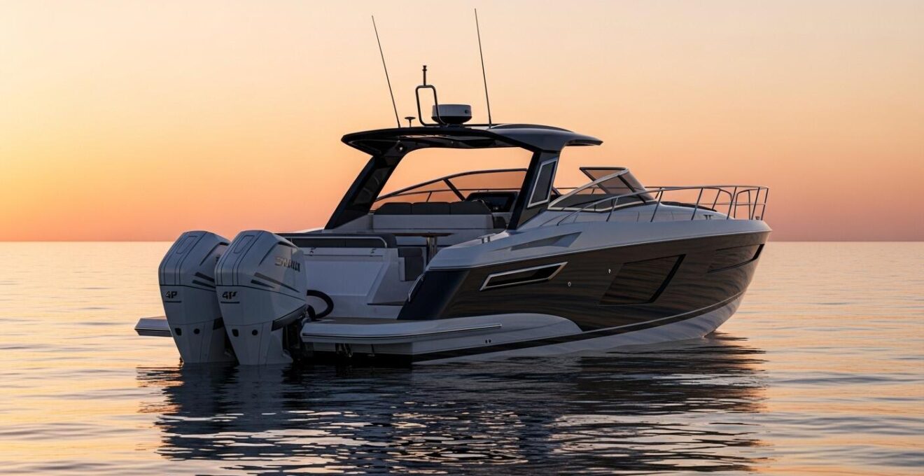Vue large d'un bateau motorisé en navigation sur une mer calme au coucher du soleil