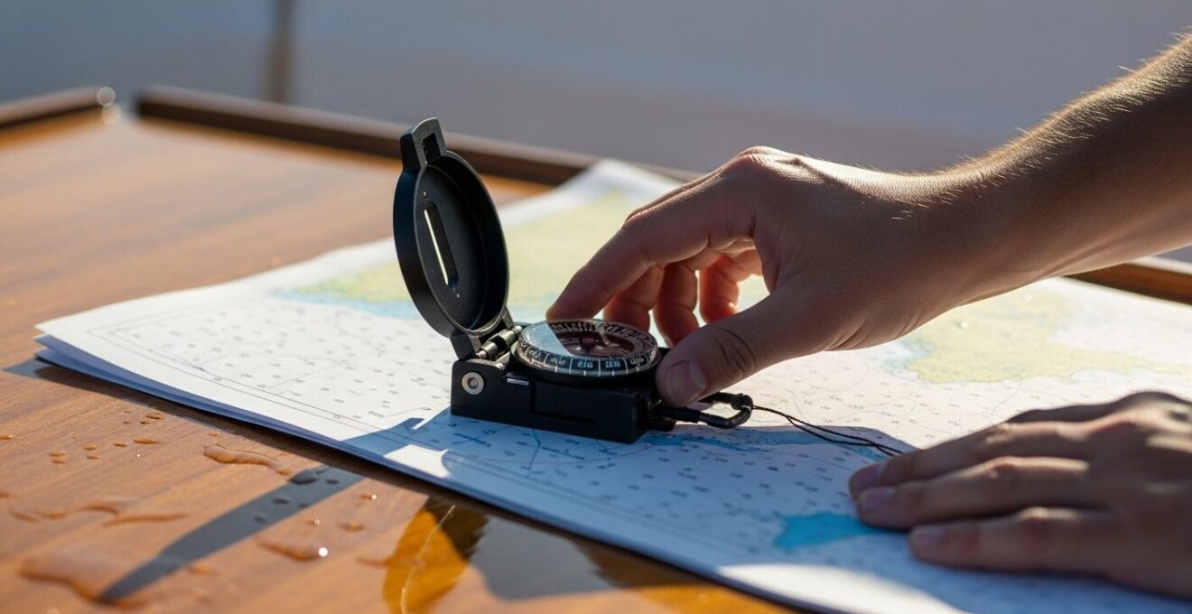 Vue rapprochée d’une main d’un marin tenant boussole et carte marine sur une table cockpit.