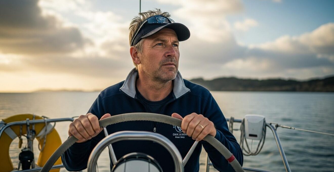 Un plaisancier expérimenté à la barre de son voilier naviguant près des côtes, avec la terre visible à l'horizon
