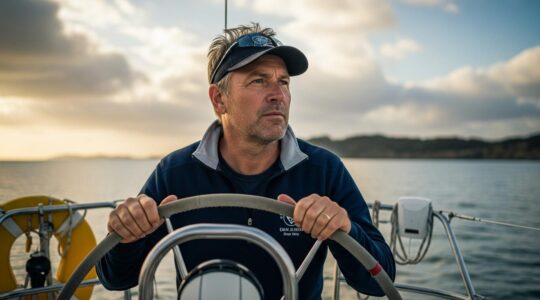 Un plaisancier expérimenté à la barre de son voilier naviguant près des côtes, avec la terre visible à l'horizon