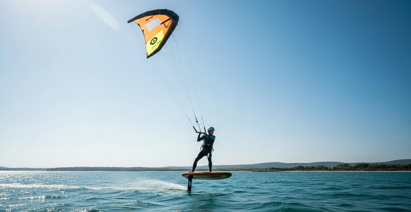 Photo réaliste d’un pratiquant de parawing volant au-dessus de l'eau avec son aile rigide et planche à foil