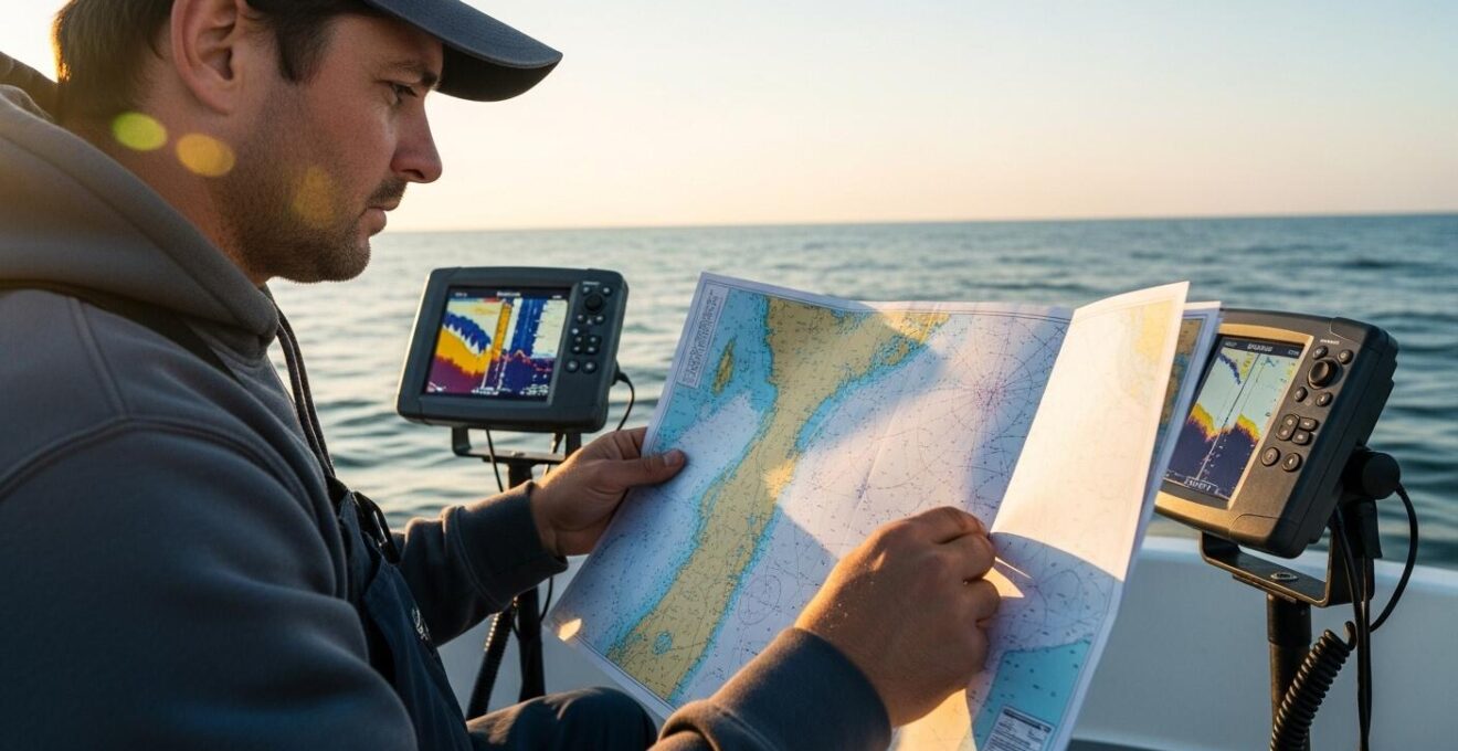 Photographie réaliste d'un pêcheur en mer côtière étudiant une carte marine et observant son sondeur électronique au coucher du soleil