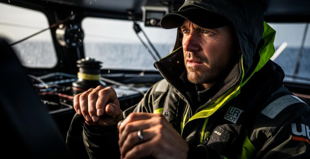 Pilote concentré en tenue nautique, maniant les commandes d'un Ultim en mer agitée