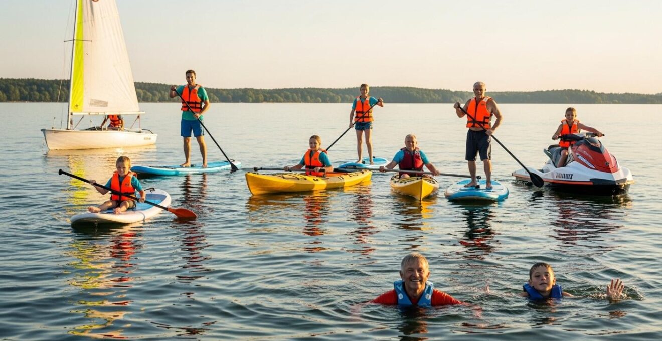 Photographie réaliste d'un groupe de personnes de tous âges pratiquant différents loisirs nautiques sur un plan d'eau sous ciel bleu.