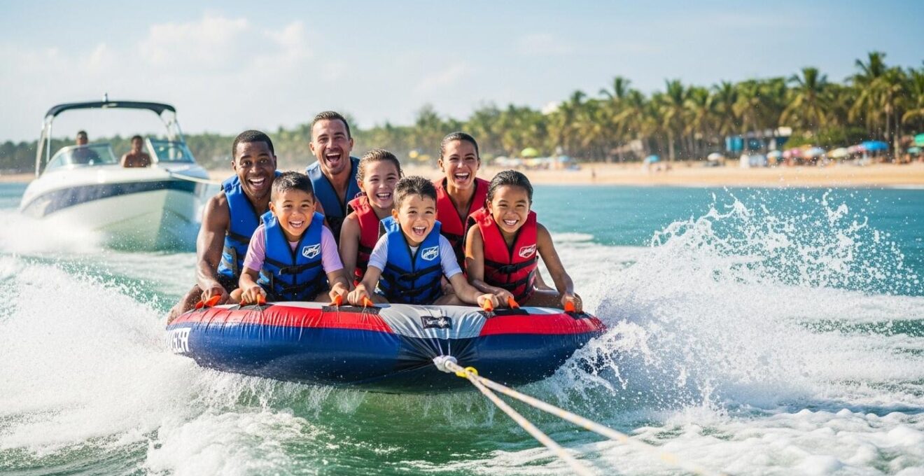 Un groupe de personnes de tous âges riant pendant une session de glisse tractée derrière un bateau sur une eau turquoise, dans un paysage d'été.