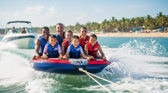 Un groupe de personnes de tous âges riant pendant une session de glisse tractée derrière un bateau sur une eau turquoise, dans un paysage d'été.