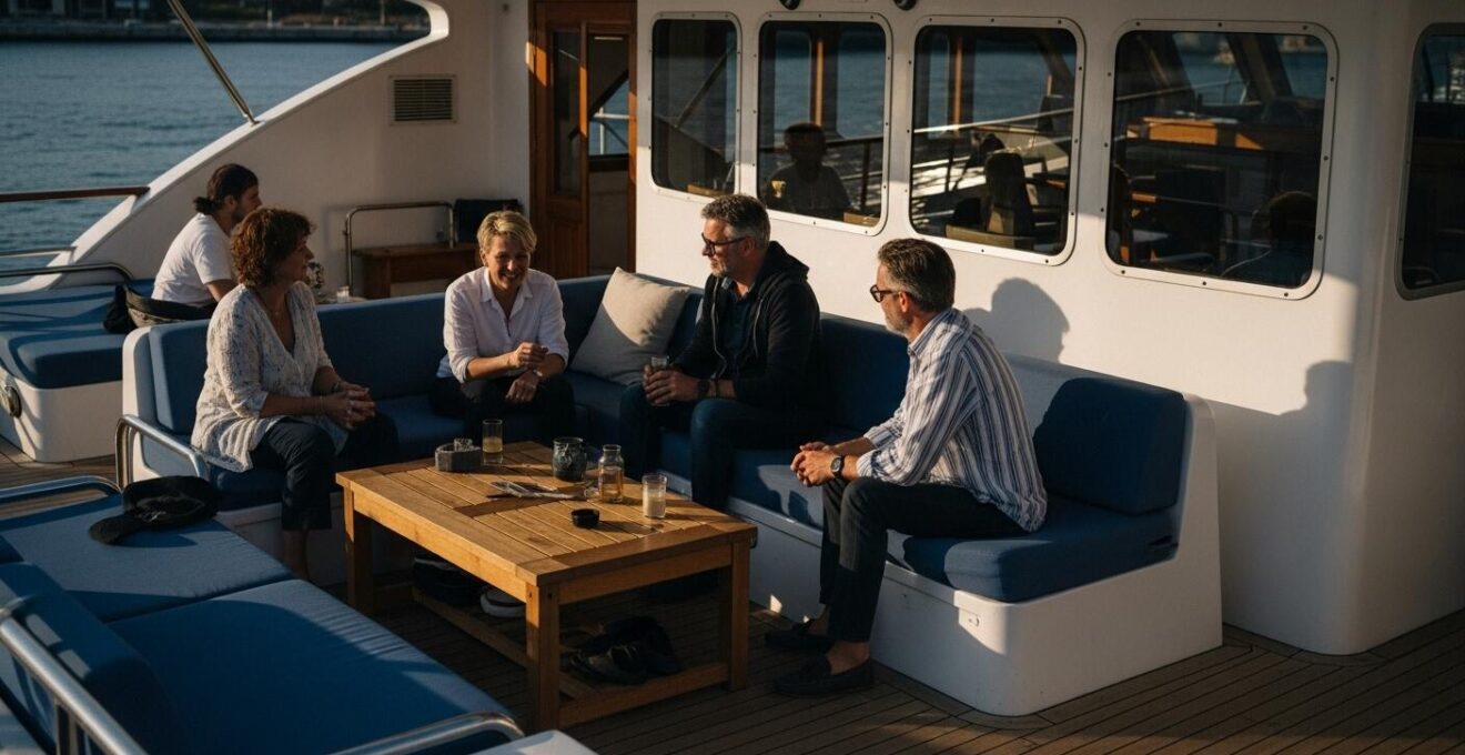 Pont de bateau aménagé en salon de plein air confortable avec éclairage intégré