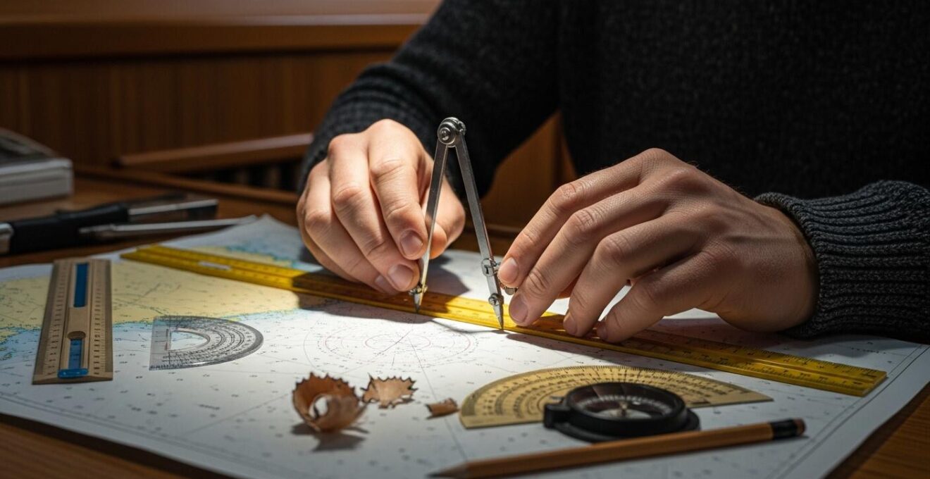 Photographie réaliste d'un navigateur planifiant une navigation avec une carte marine et instruments de navigation.