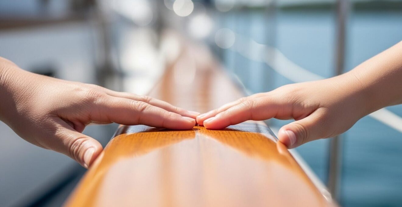 Plan serré macro sur deux mains, l'une d'un enfant, l'autre d’un adulte, posées ensemble sur un bastingage en bois poli d’un voilier, symbolisant l’équilibre entre intimité et espace à bord.