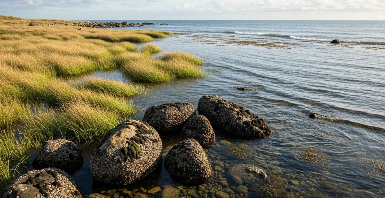 Vue environnementale conceptuelle d’un spot de pêche côtier avec rochers, herbiers et eau claire