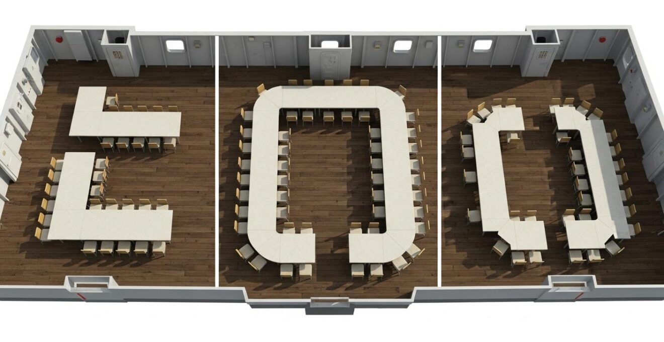 Diagramme comparatif des aménagements carré en L, en U et face à face sur bateau