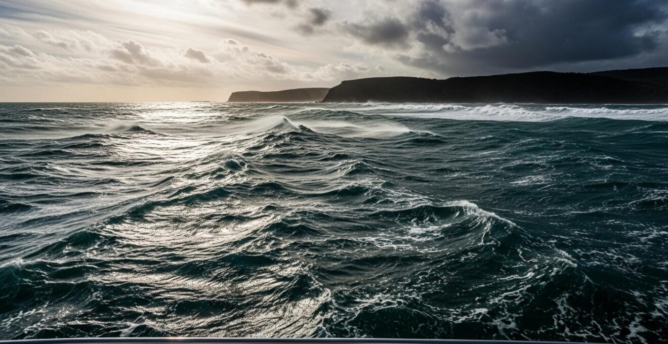 Photographie conceptuelle de vagues et vent changeant au passage d’une île ou falaise.