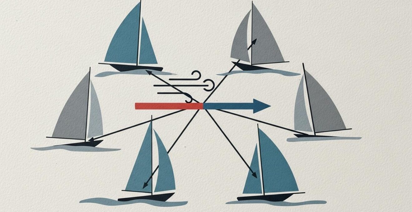 Diagramme minimaliste montrant les cinq principales allures d'un voilier face au vent
