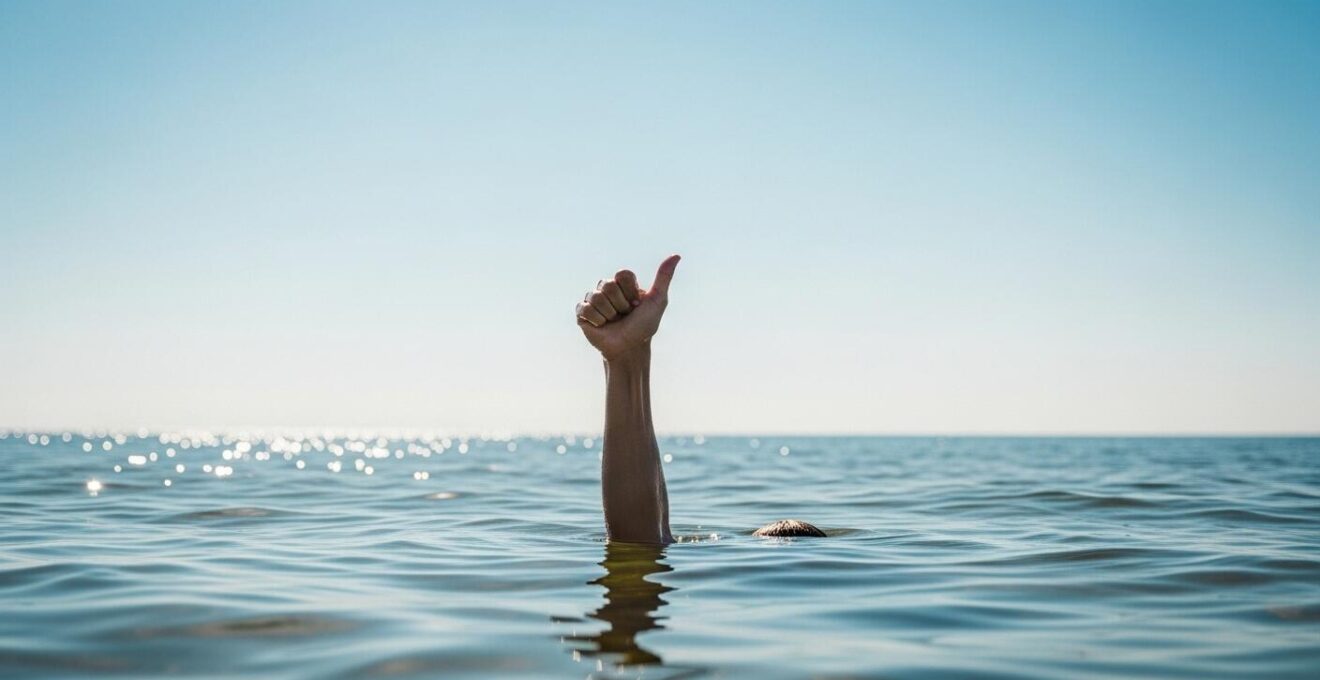 Signe de la main d’un skieur montrant un geste de communication vers le pilote, sur fond d’eau.