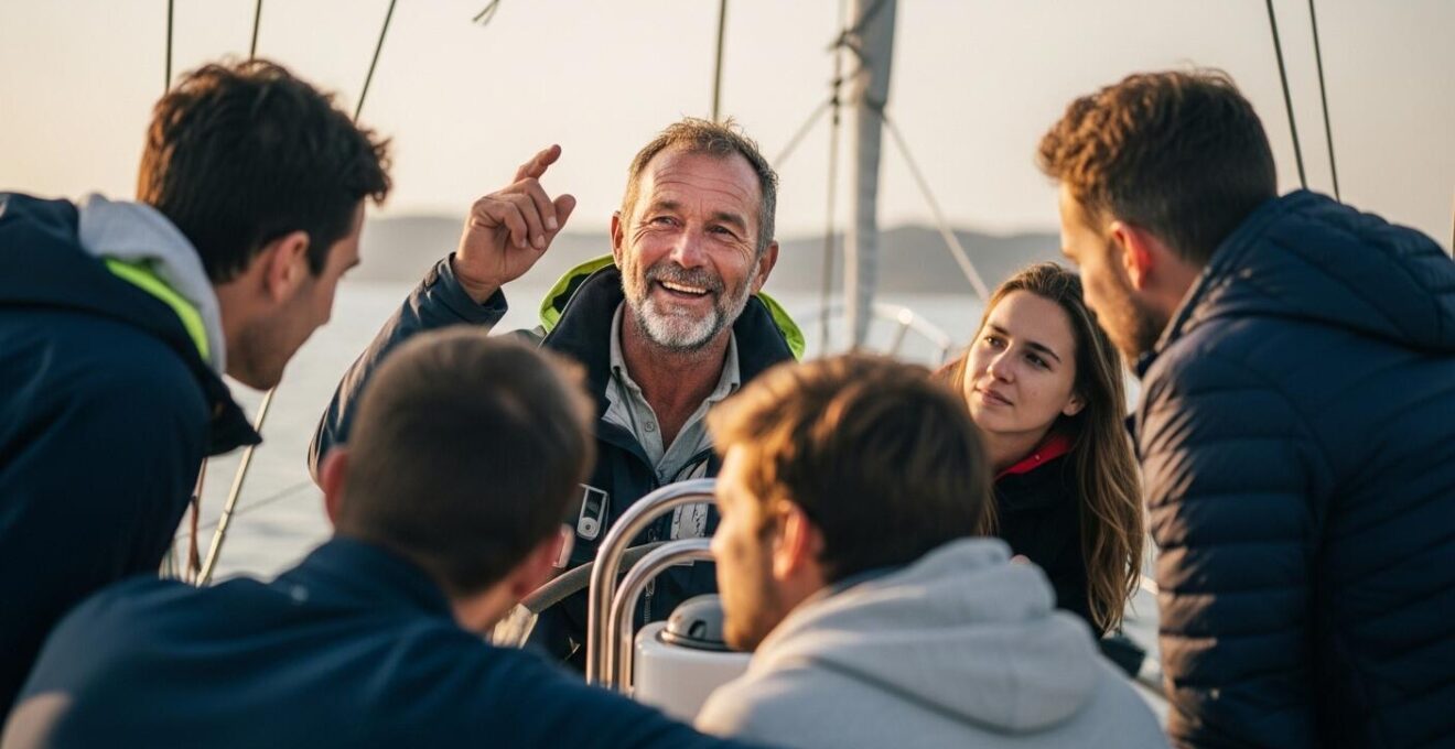 Photographie documentaire d’un skipper échangeant avec des passagers sur le pont d’un voilier