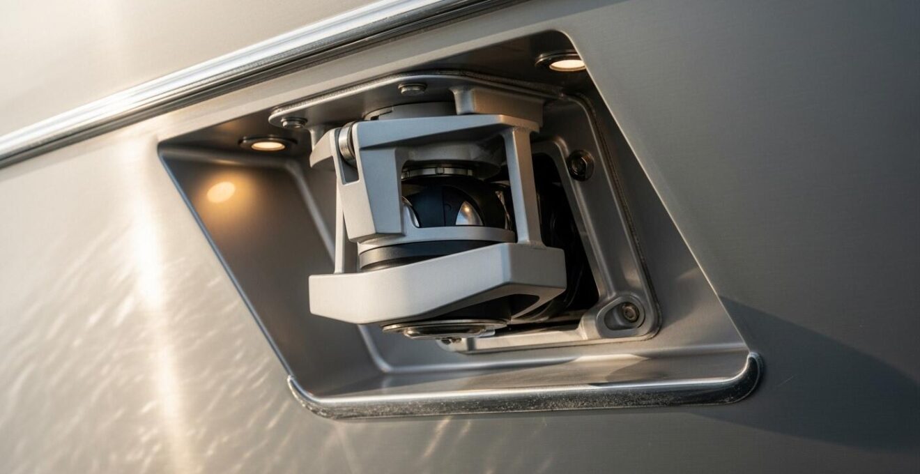 Détail technique montrant un stabilisateur gyroscopique et les couches d'aluminium d'une coque de yacht