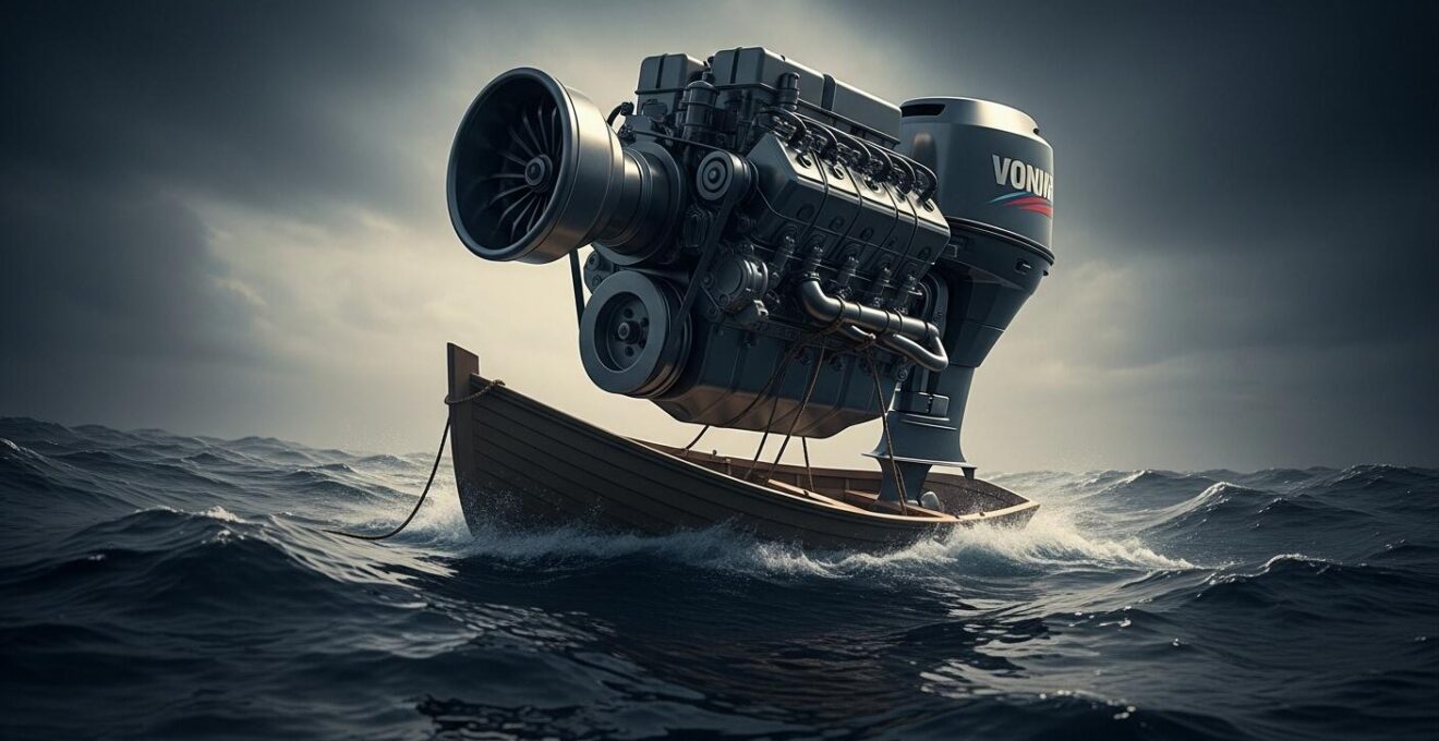 Image symbolique illustrant un moteur de bateau surdimensionné éclipsant la stabilité de la coque, sur fond marin agité