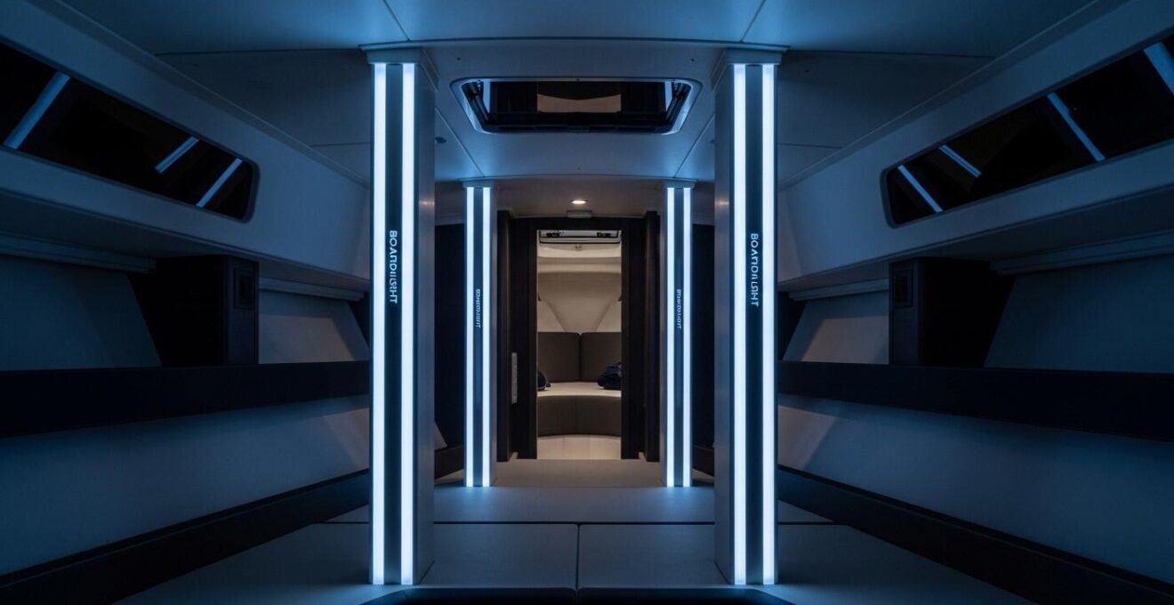 Installation du système Boarding Light avec colonnes LED verticales en intérieur de bateau