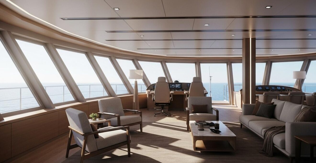 Vue intérieure lumineuse et aérée d’un pont de bateau aménagé comme pièce à vivre moderne avec mobilier confortable