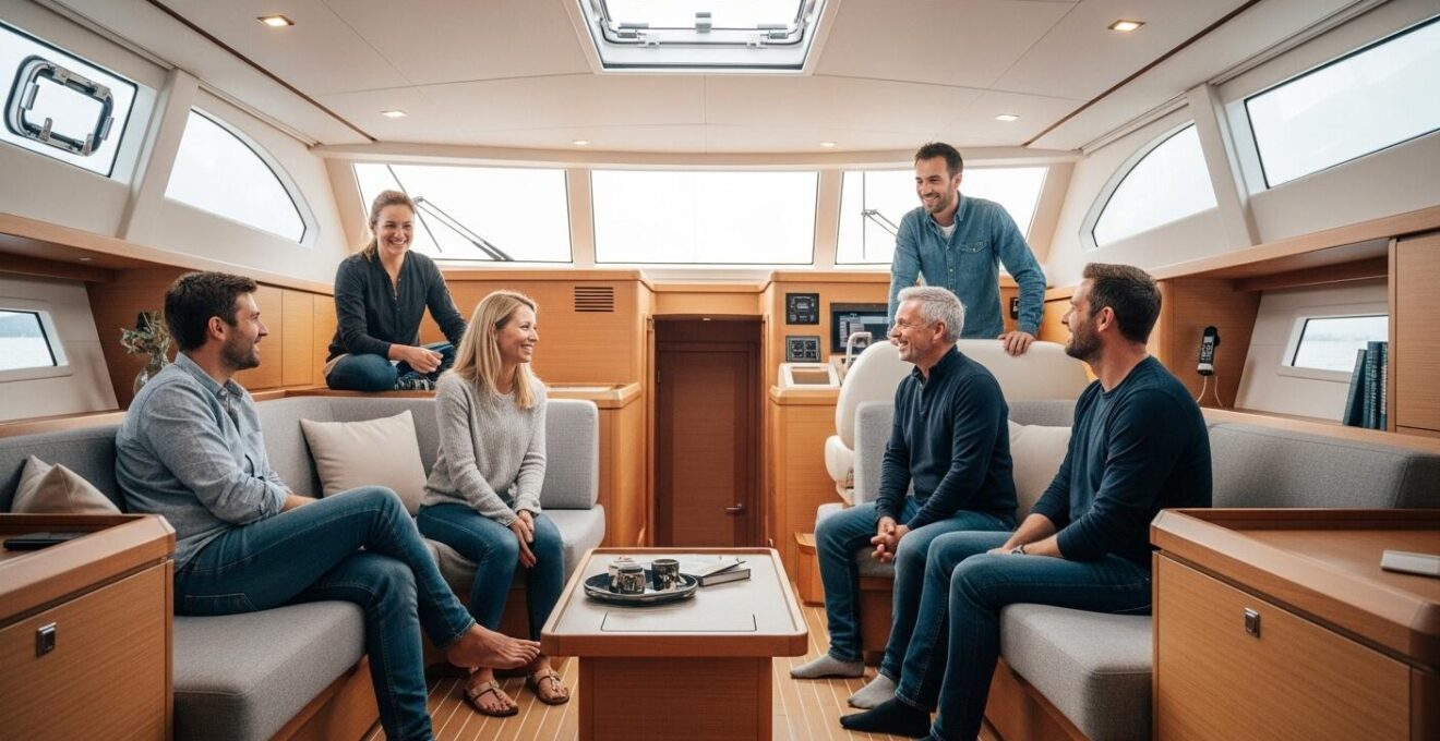 Vue d'un intérieur de bateau de plaisance avec un équipage partageant un moment convivial autour d'un repas et d'un espace de vie fonctionnel