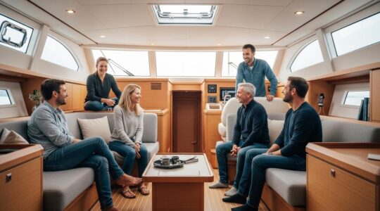 Vue d'un intérieur de bateau de plaisance avec un équipage partageant un moment convivial autour d'un repas et d'un espace de vie fonctionnel