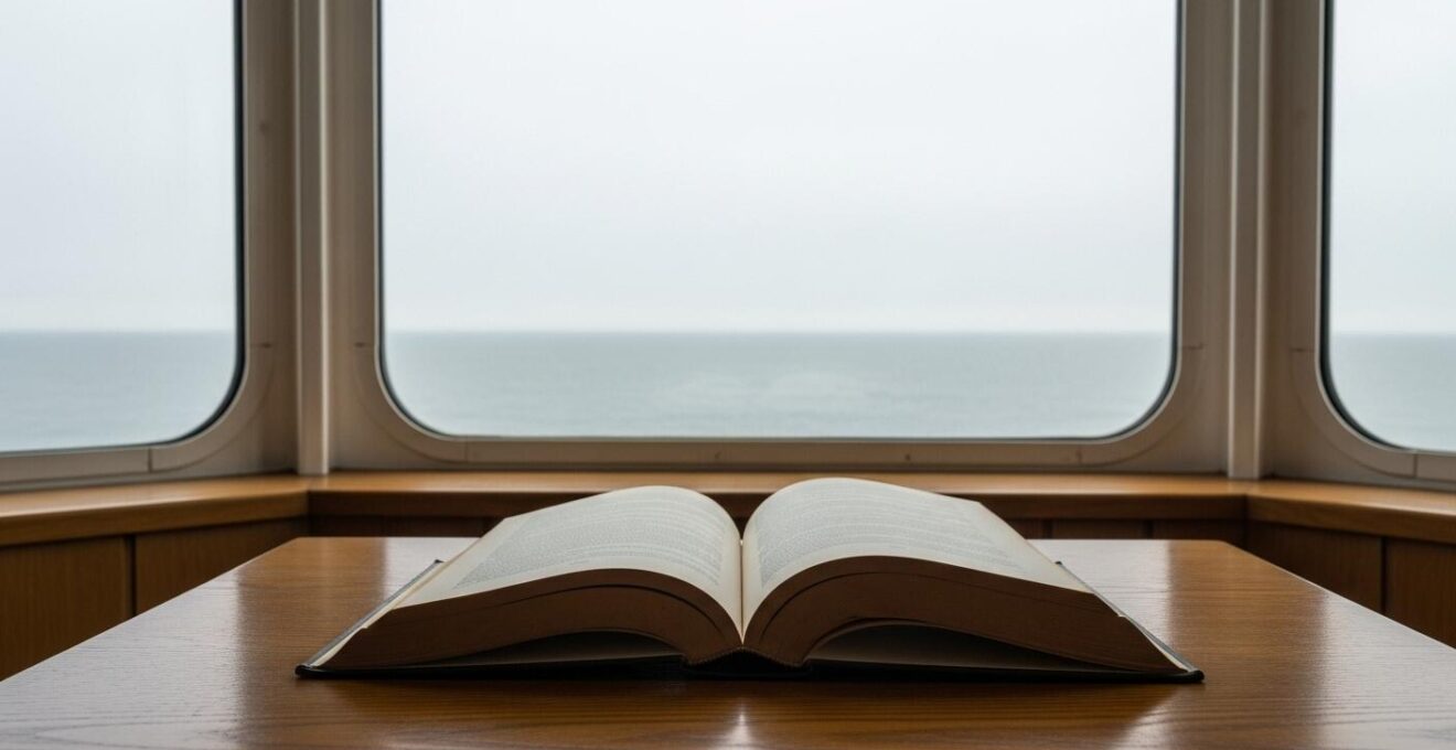 Livre ouvert sur un fond marin évoquant les termes essentiels de la voile, symbolisant le vocabulaire de survie à bord