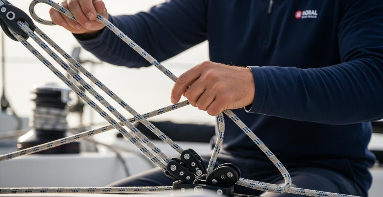 Illustration réaliste d’un équipier effectuant une manœuvre avec des cordages et voiles, dans un cockpit lumineux.