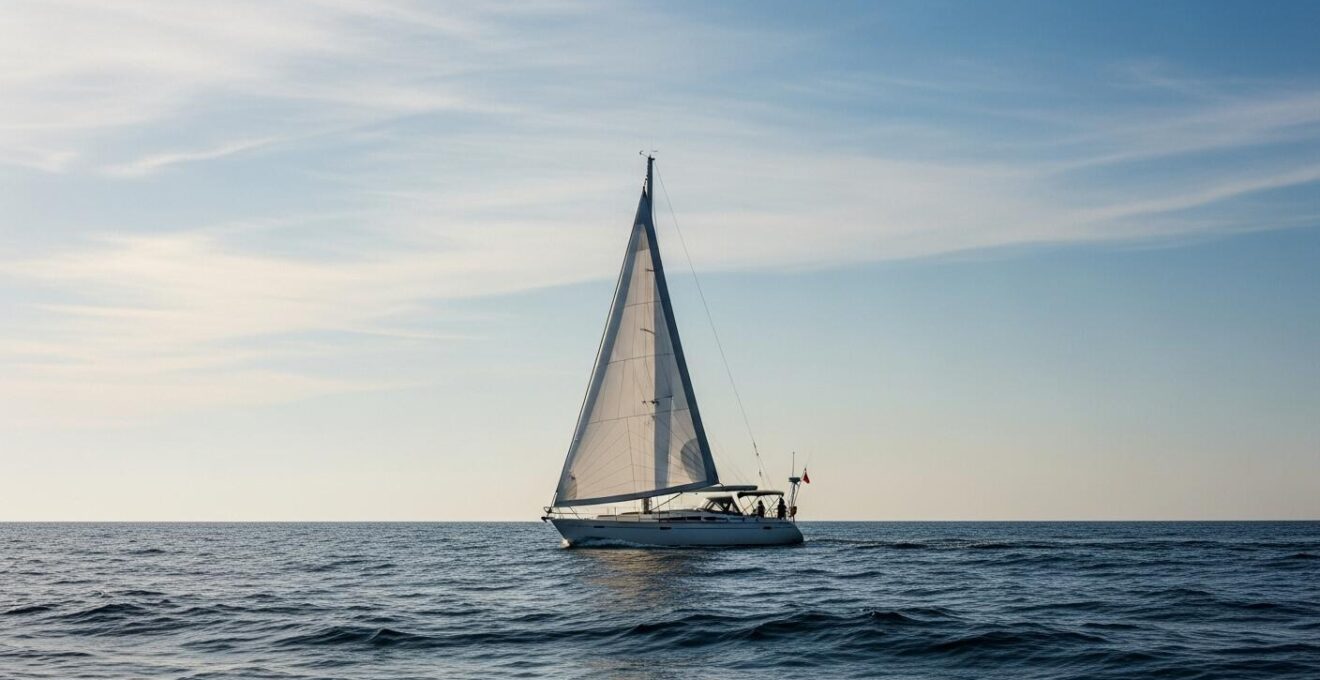 Voilier en pleine mer naviguant paisiblement contre le vent vers un horizon ouvert, symbolisant la liberté.