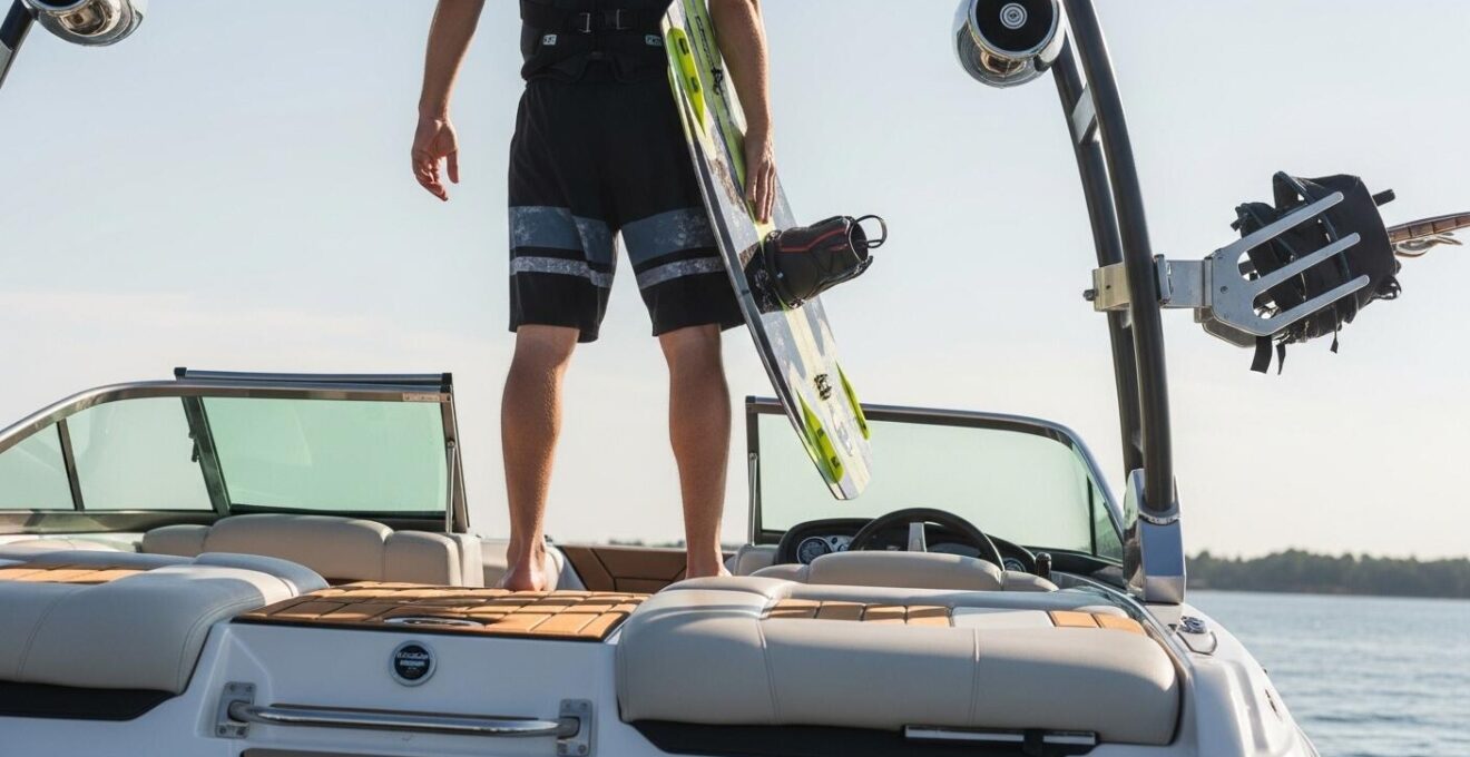 Wakeboarder professionnel préparant son équipement sur un bateau bowrider moderne