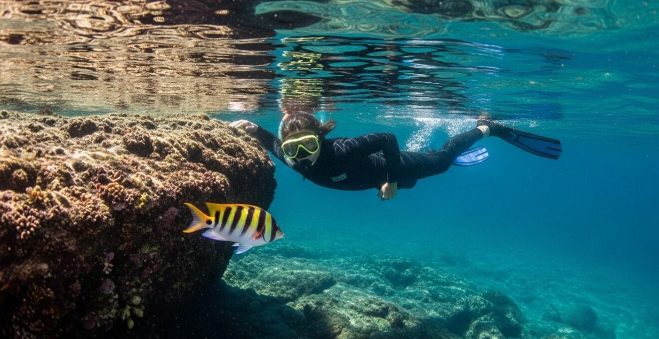 Plongeur en snorkeling utilisant un relief rocheux pour se cacher, observant discrètement un poisson coloré.