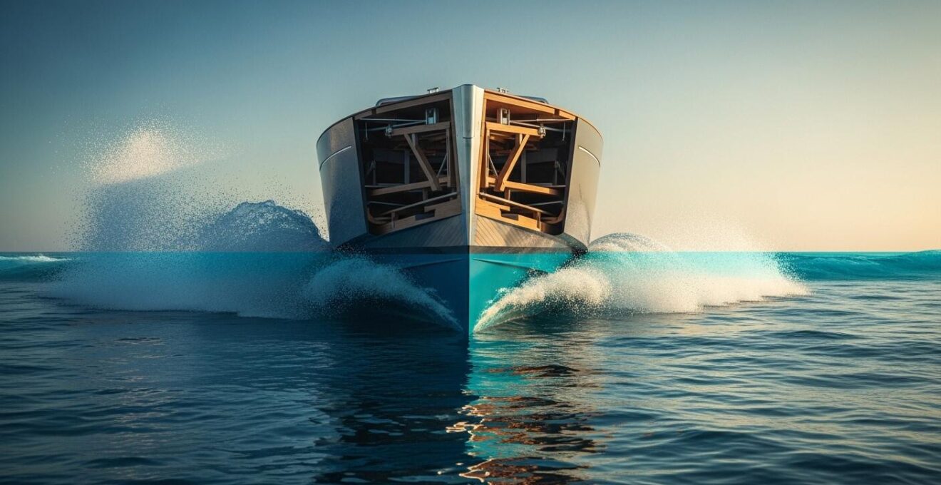 Illustration artistique d'un bateau vu en coupe avec sa coque sous la ligne de flottaison montrant les différences entre une coque planante et une coque à déplacement
