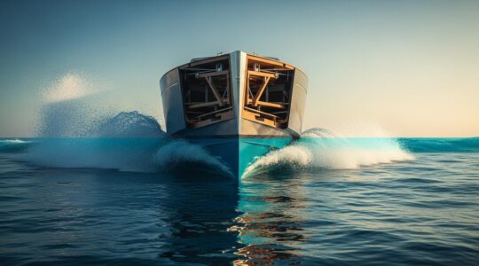 Illustration artistique d'un bateau vu en coupe avec sa coque sous la ligne de flottaison montrant les différences entre une coque planante et une coque à déplacement