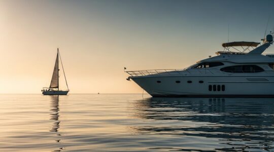 Vue panoramique d'un voilier et d'un yacht à moteur naviguant côte à côte sur une mer calme au coucher du soleil