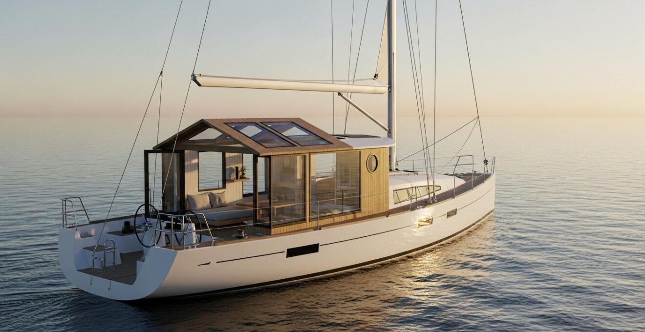 Un voilier moderne minimaliste avec espaces modulables lumineux et multifonctionnels sur l'eau
