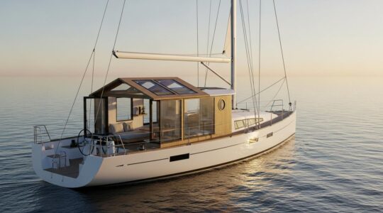 Un voilier moderne minimaliste avec espaces modulables lumineux et multifonctionnels sur l'eau