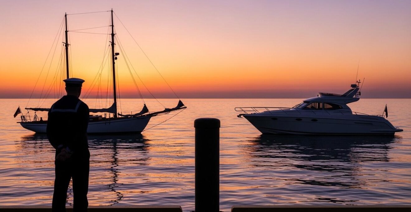 Un voilier et un bateau à moteur côte à côte sur une eau calme au coucher du soleil avec une silhouette de plaisancier réfléchissant à côté