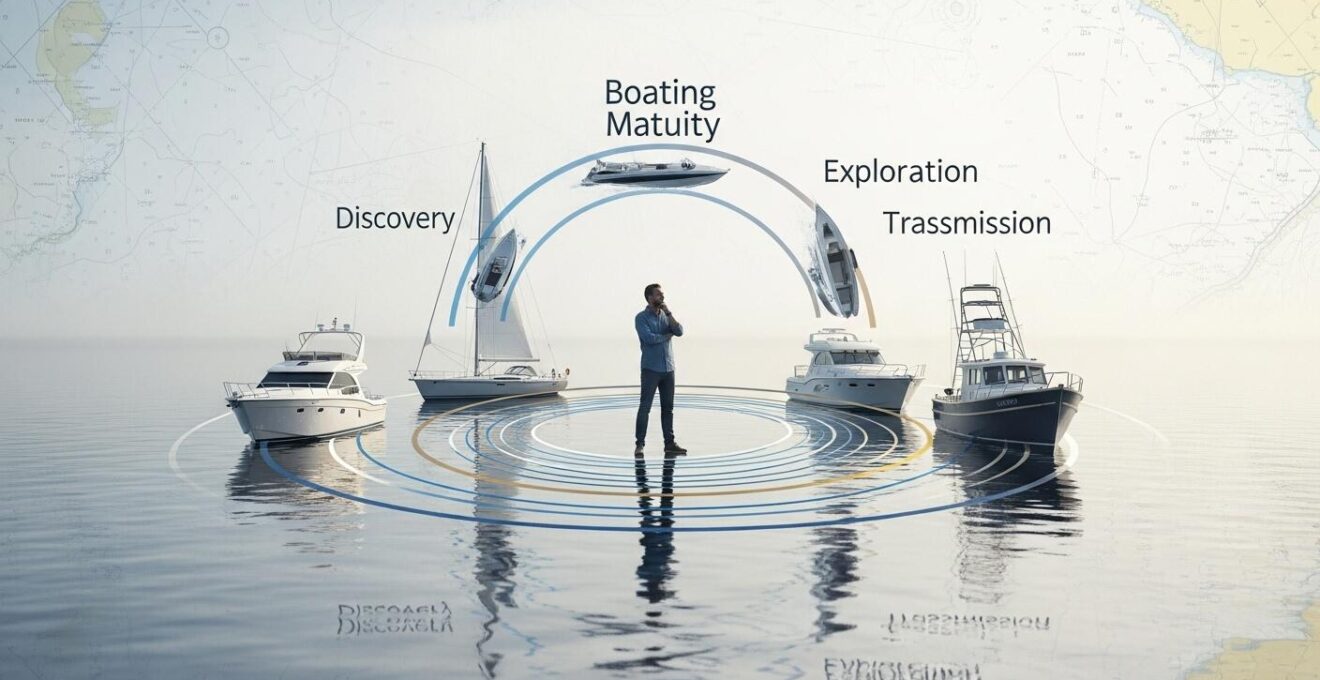 Illustration conceptuelle d’un plaisancier réfléchi devant différents bateaux, symbolisant les phases de maturité nautique et le programme de navigation inversé
