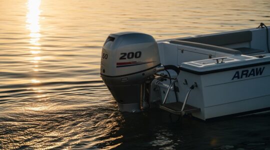 Vue dynamique d'un bateau à moteur naviguant sur une mer calme au coucher du soleil, mettant en avant le moteur et la puissance avec un arrière-plan marin apaisant
