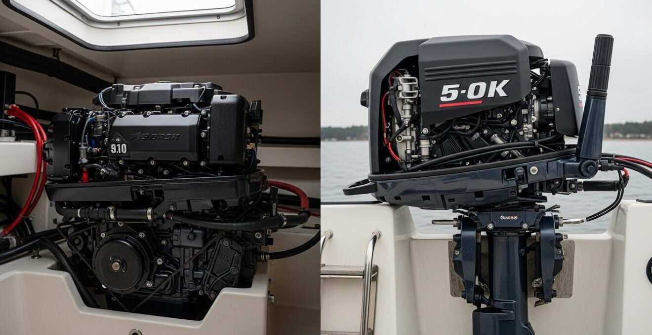 Image comparant un moteur in-bord placé dans un compartiment moteur à un moteur hors-bord installé à l'arrière d'un bateau