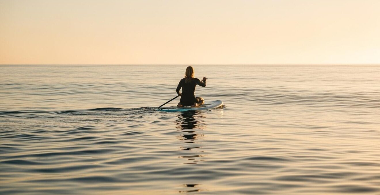 Personne pratiquant un sport nautique en harmonie avec la mer au coucher de soleil