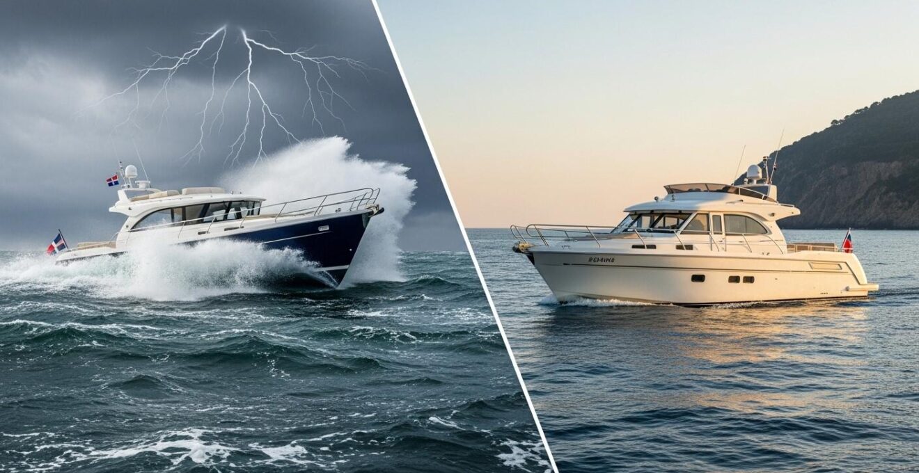 Comparaison visuelle d'un day-cruiser scandinave robuste en mer agitée et d'un day-cruiser méditerranéen élégant sur eau calme