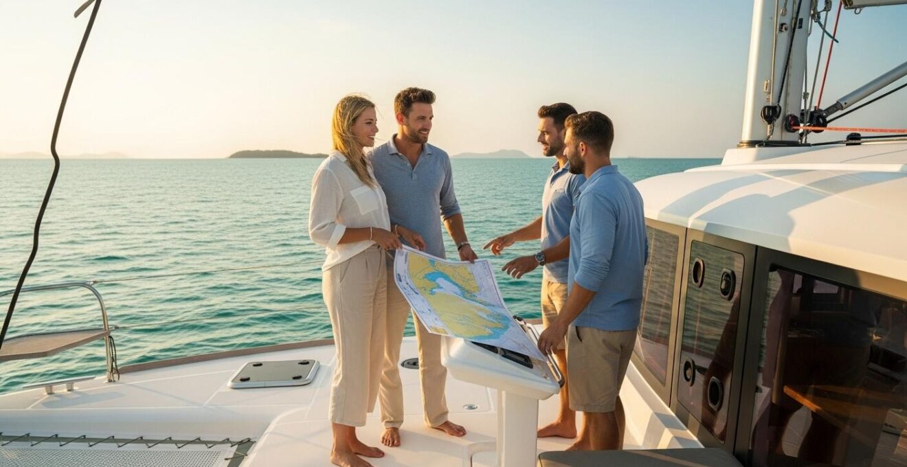 Un couple souriant sur le pont d'un catamaran de luxe au coucher du soleil, discutant avec leur skipper et leur hôtesse devant une mer turquoise, symbolisant la co-création d'un voyage sur mesure.