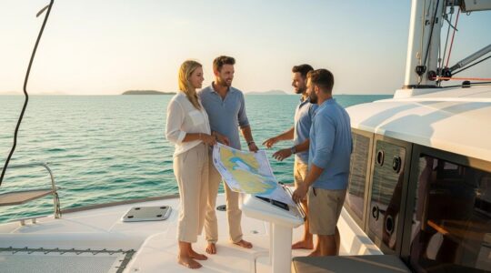 Un couple souriant sur le pont d'un catamaran de luxe au coucher du soleil, discutant avec leur skipper et leur hôtesse devant une mer turquoise, symbolisant la co-création d'un voyage sur mesure.