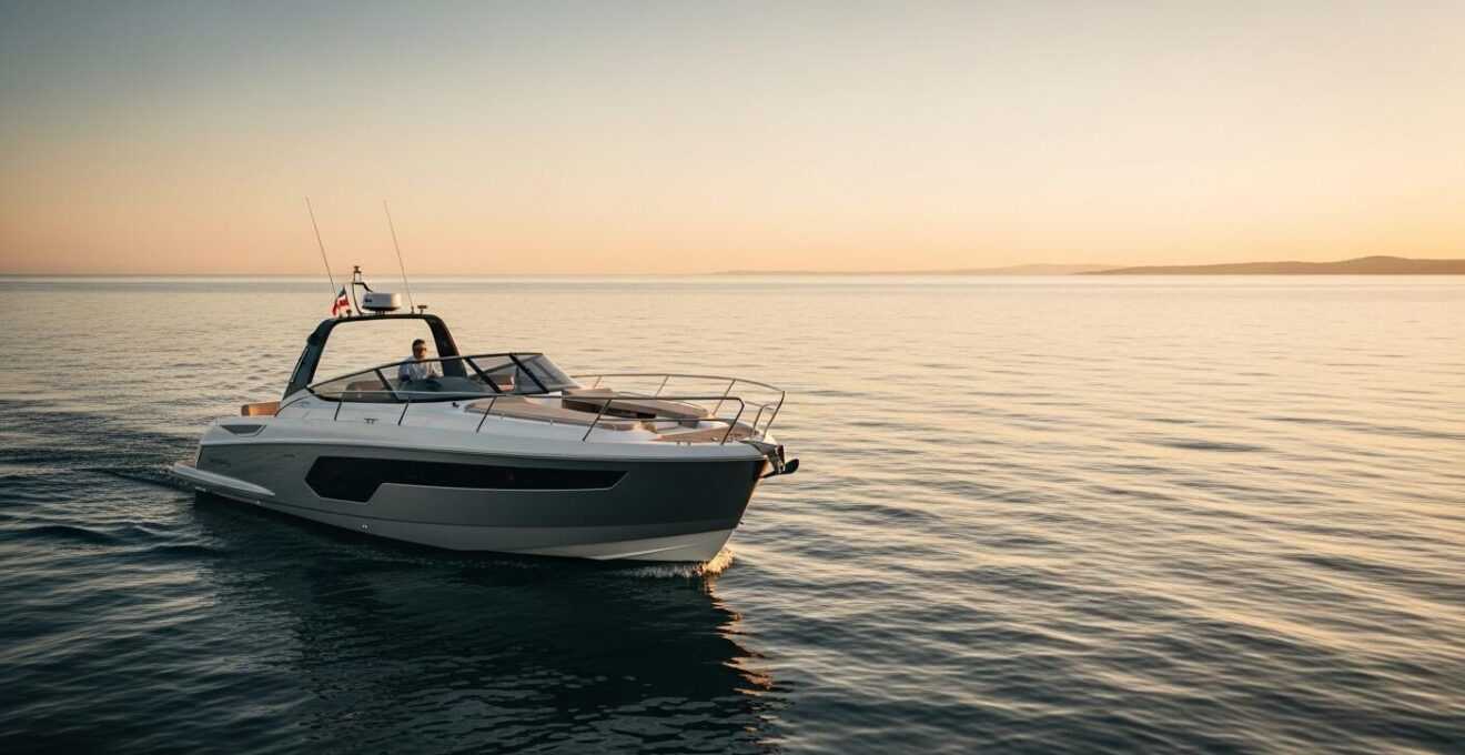 Bateau day-cruiser élégant naviguant sur une mer calme au coucher du soleil, symbolisant la liberté et l'esprit d'aventure