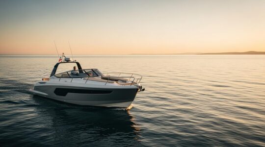 Bateau day-cruiser élégant naviguant sur une mer calme au coucher du soleil, symbolisant la liberté et l'esprit d'aventure